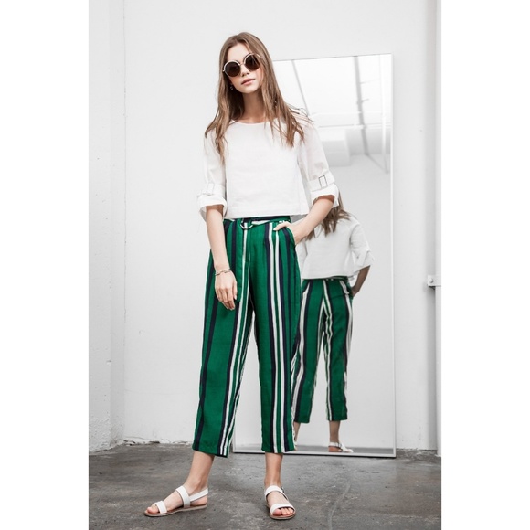 J.O.A. high waisted green stripe trousers - Picture 2 of 4